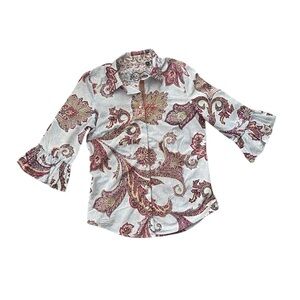 Robert Graham Paisley Embroidered Button Front Shirt Medium 3/4 Sleeves